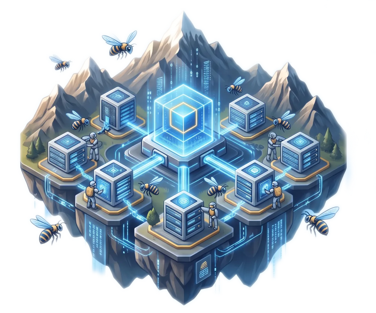 A floating island of server towers joined by glowing links to a central control cube, with worker bees and technicians tending the servers.